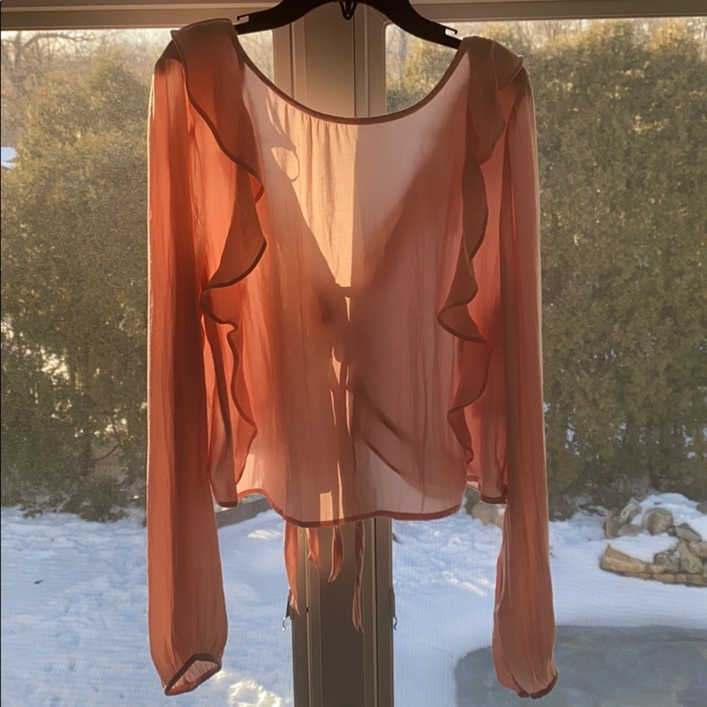 pink tie in the back ruffled blouse